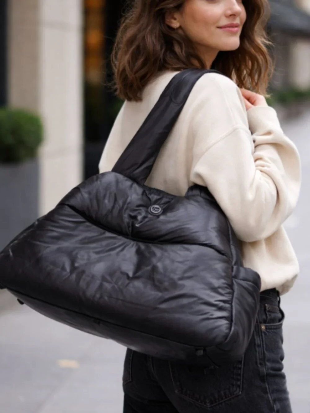 Joan‎ & David Black Puffer Tote Bag Quilted Carryall Travel Handbag Nylon